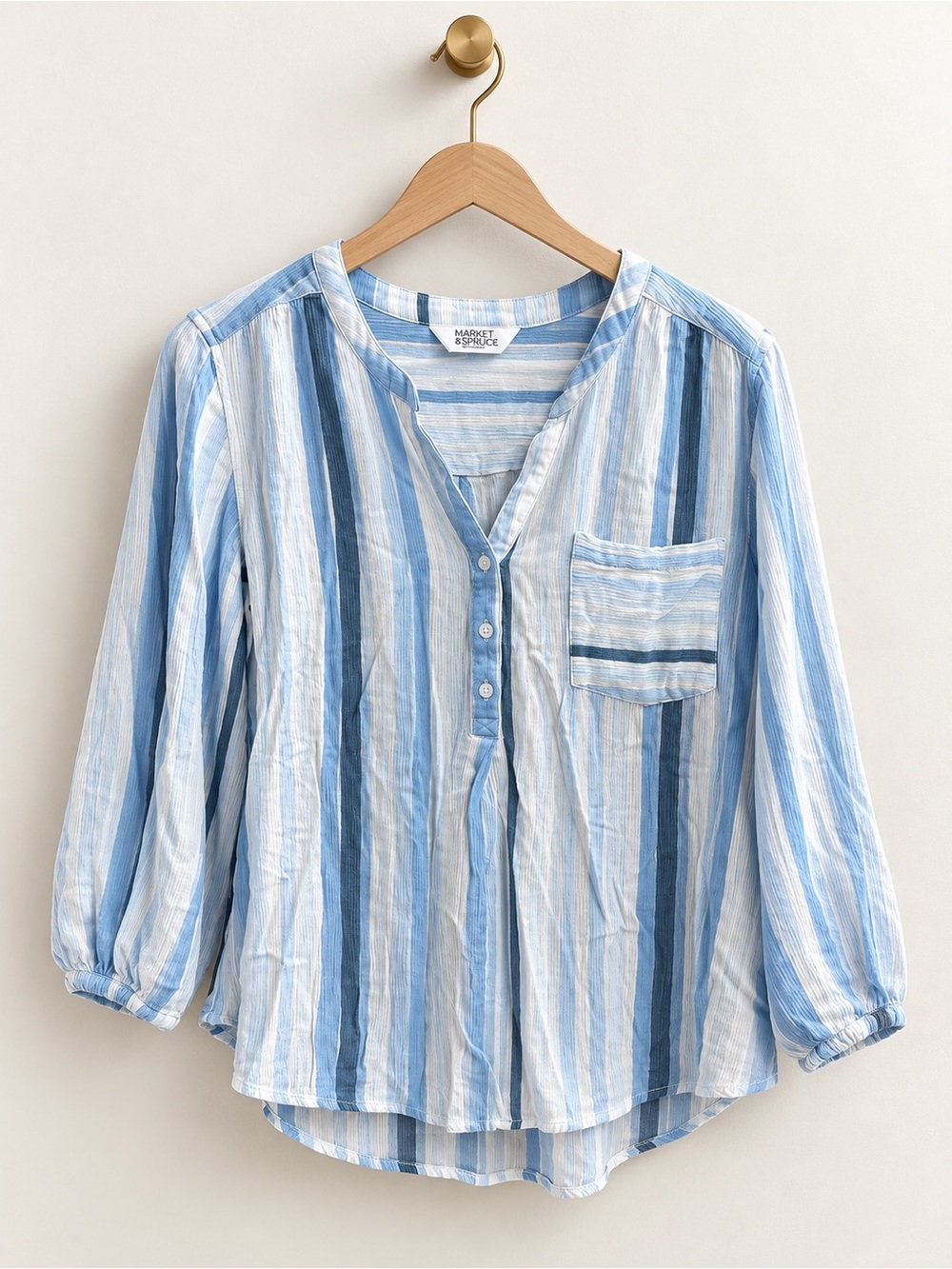 Market & Spruce XL Blue White Striped Rayon Blouse Long Sleeve Relaxed Top